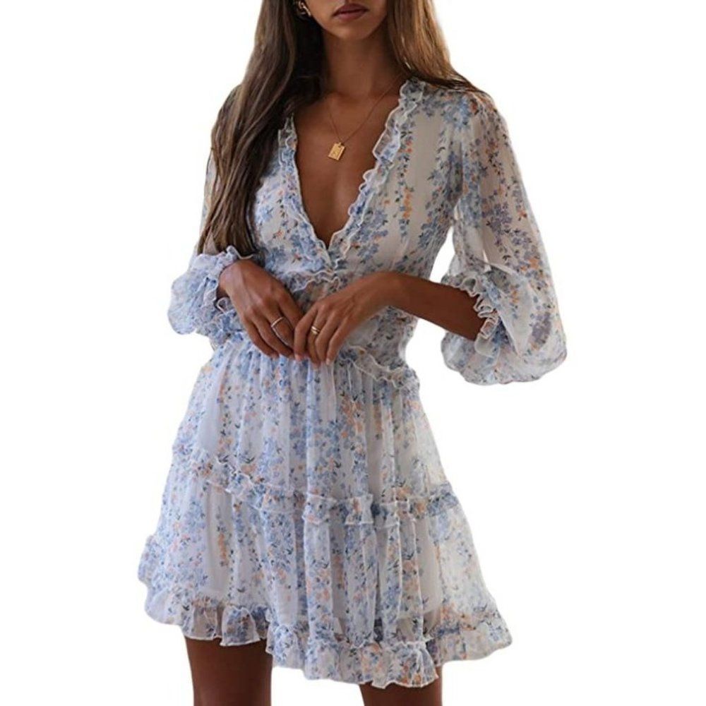 Floral Print Ruffled Mini Dress with Long Sleeves